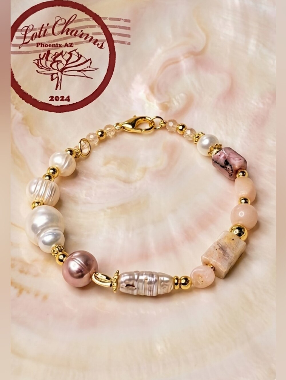 Pink Opal &  Baroque Pearls In Assymetrical Free Form Artisan Bracelet